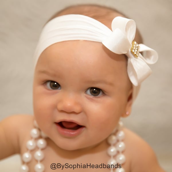 Baby Headband Headwrap, White Baby Headband, White Baby Bow Headband, Baby Girl Headband, White Bow Headband, Nylon Headband, 923