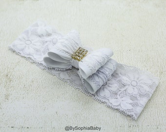 Baby Headband, White Big Bow Lace Headband, White Baby Headband, Baby Girl Headband, Photo Prop, Baptism Headband, Newborn Headband, 908