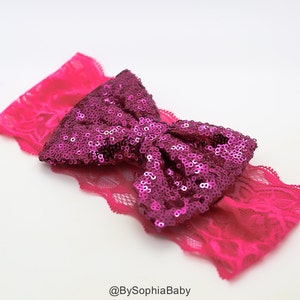 Pink Sequin Bow Headband, Pink Lace Headband, Newborn Headband, Photography Prop, Lace Headband, Sequin Bow Headband, Baby Headband, 102