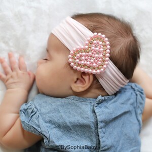 Baby Headband, Pink Pearl Heart Headband, Baby Light Pink Headband, Baby Head wrap, Flower Girl Headband, Baby Pink Head band, 1436 image 1