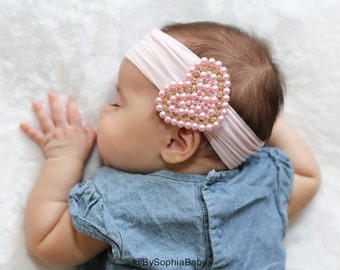 Baby Headband, Pink Pearl Heart Headband, Baby Light Pink Headband, Baby Head wrap, Flower Girl Headband, Baby Pink Head band, 1436