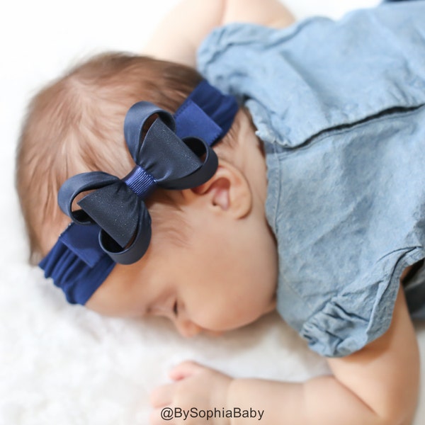 Navy Blue Big Bow Headband, Navy Blue Baby Headband, Navy Blue Baby Headband, Newborn Headband, Blue Bow Headband, Nylon Headband, 1431