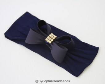 Baby Headband Headwrap, Navy Blue Baby Headband, Newborn Headband, Blue Baby Bows, Bow Headband, Blue Baby Headband, Nylon Headband, 923