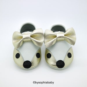 Baby Fox Mocassins, Baby Gold FOX Mocassins, Baby Lederen Schoenen, Echte Lederen Moccs, Peuter Fox Mocassins, Baby Moccs, Baby Shower Gift afbeelding 2