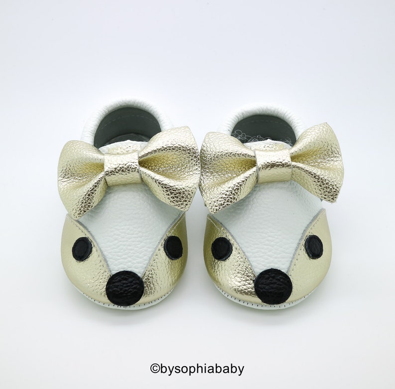 Baby Fox Moccasins, Baby Gold FOX Moccasins, Baby Leather Shoes, Genuine Leather Moccs, Toddler Fox Moccasins, Baby Moccs, Baby Shower Gift image 2