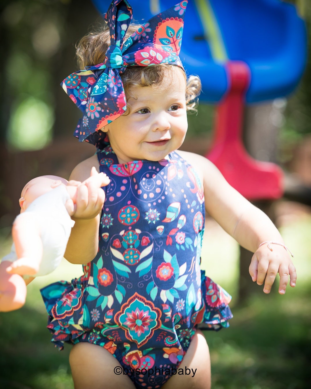 Blue Floral Baby Girl Romper Set, Baby Romper and Headband, Flower Baby