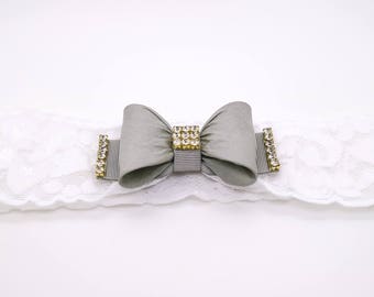 White Grey Baby Headband, Baby Bow Headband, Newborn Headband, Photo Prop, Baptism Headband, Gray Baby Headband, Baby Bow Headband, 869