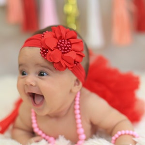 Baby Headband, Red Pearl Flower Headband, Baby Flower Headband, Big Flower Headband, Flower Girl Headband, Red Baby Headband, 1040