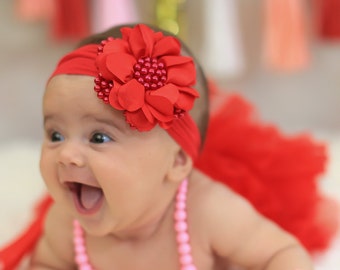 Baby Headband, Red Pearl Flower Headband, Baby Flower Headband, Big Flower Headband, Flower Girl Headband, Red Baby Headband, 1040