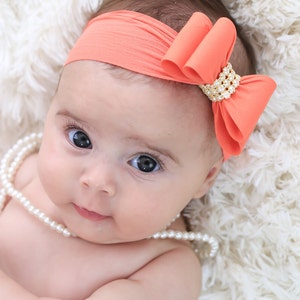 Coral Big Bow Headband, Orange Baby Headband, Baby Big Bow Headband, Newborn Headband, Baby Headbands, Nylon Headband, Orange Headband, 936