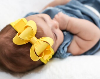Yellow Big Bow Headband, Yellow Baby Headband, Baby Bow Headband, Newborn Headband, Baby Girl Headband, Nylon Headband, Bow Headband, 1431