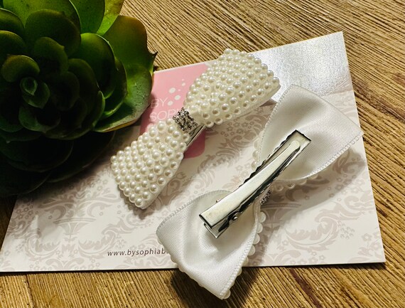 Pearl Set Bow Hair Clip, Ivory Bow Hair Clip, Pearl Baby  display picture 1