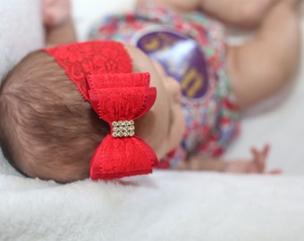 Baby Headband, Red Big Bow Headband, Christmas Headband, Red Baby Headband, Lace Headband, Red Lace Headband, Baby Bow Headband, 908