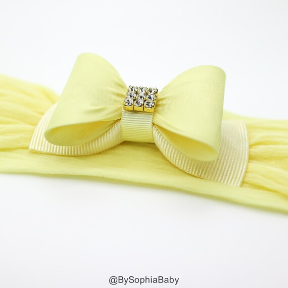 Yellow Bow Headband, Baby Bow Headband, Newborn Headband, Photo Prop, Yellow Baby Headband, Yellow Nylon Headband Rhinestone Headband, 715