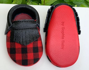 CHRISTMAS PLAID Red Bottom Moccasins, Baby Black and Red sole Fringe Moccasins, Baby Leather Shoes, Toddler Moccasins, Red Baby Moccs