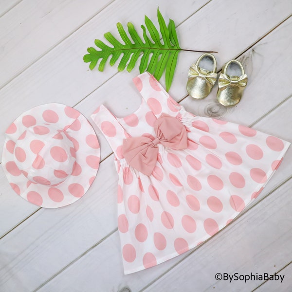 Polka Dot Pink Baby Dress Outfit, First Birthday Gift, Baby Girl Dress and Hat, Baby Shower Gift, Baby Pink Dress and Hat, Baby Summer Dress