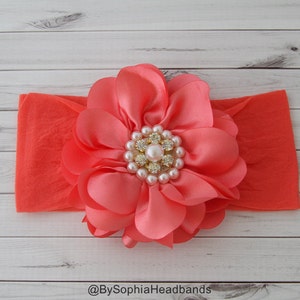 Baby Headband Headwrap, Coral Flower Headband, Baby Headband, Baby Girl Headband, Photo Prop, Big Flower Headband, Coral Baby Headband, 827