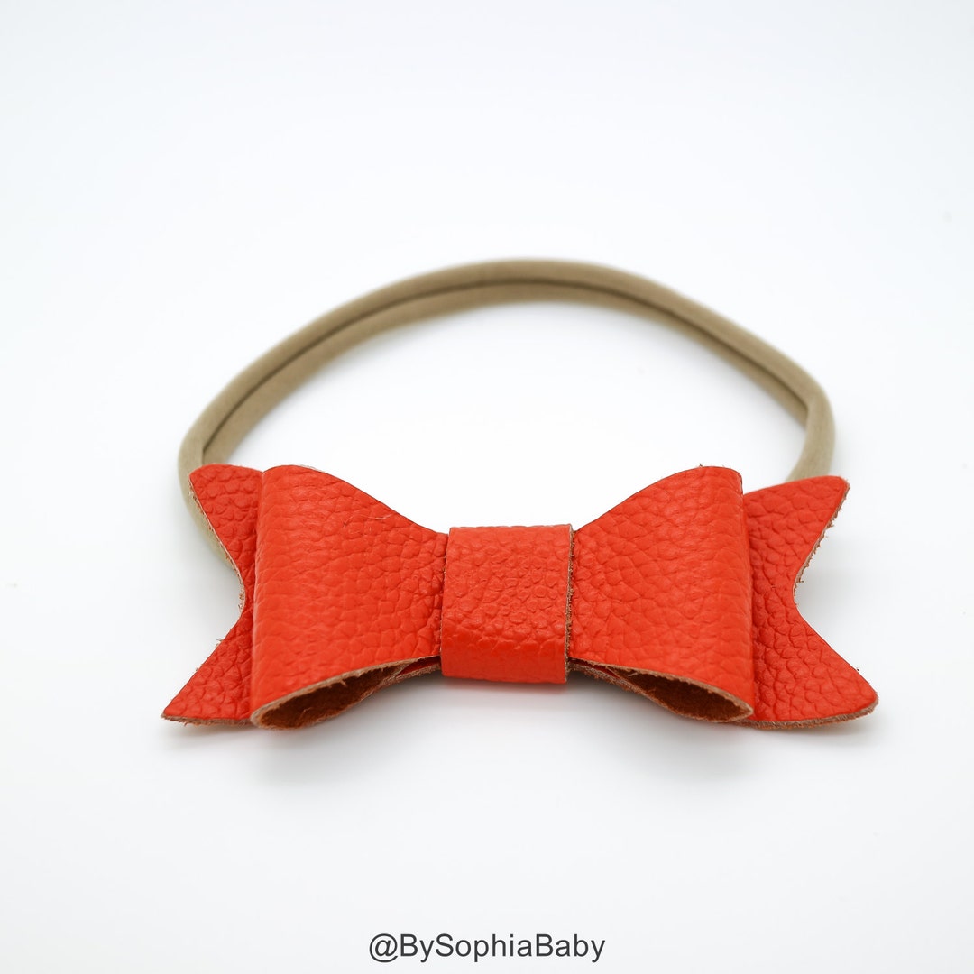 Baby Headband, Orange Leather Bow, Purple Baby Leather Bow Headband