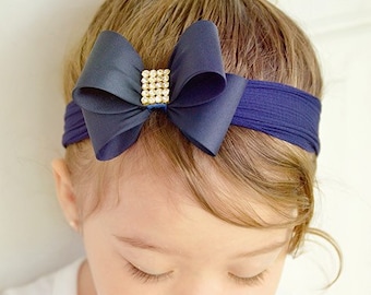 Baby Headband Headwrap, Navy Blue Baby Headband, Navy Blue Baby Headband, Newborn Headband, Big Bow, Blue Bow Headband, Nylon Headband, 1034