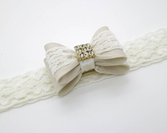 Baby Headband, Ivory Baby Headband, Flower Girl Headband, Beige Bow Headband, Cream Baby Bow, Lace Head band, Baby Bow Headband, 1428