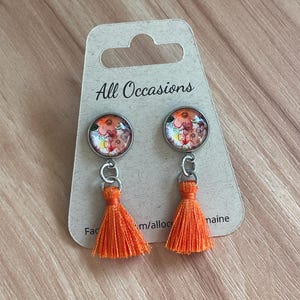 Orange Theme Floral Earrings with Tassels. Stainless Steel Post Earrings
