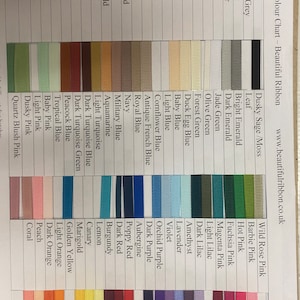 May include: A colour chart for grosgrain ribbon, displaying a wide range of colours, including black, white, red, blue, green, pink, yellow, and orange. The chart is labelled "Grosgrain Colour Chart - Beautiful Ribbon" and includes the website address "www.beautifulribbon.co.uk".