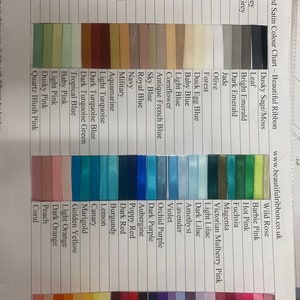 May include: A colour chart for double-sided satin ribbon, showcasing a wide range of colours, including black, charcoal grey, gun metal grey, dark silver, dusky sage/moss, leaf, bright emerald, dark emerald, jade, olive, forest, light lilac, duck egg blue, dark lilac, baby blue, amethyst, lavender, light blue, cornflower, antique french blue, sky blue, royal blue, navy, military, aquamarine, light turquoise, dark turquoise blue, dark turquoise green, tropical blue, baby pink, light pink, dusky pink, quartz blush pink, violet, orchid purple, dark purple, aubergine, poppy red, dark red, burgundy, lemon, canary, marigold, golden yellow, light orange, dark orange, peach, and coral.