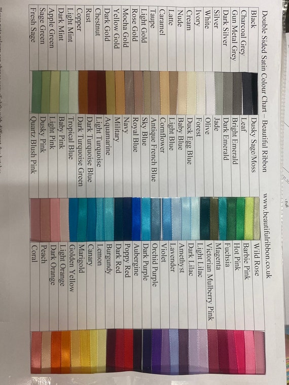 SAMPLE Satin Grosgrain ribbon double sided Colour Chart charts by Beautiful Ribbon