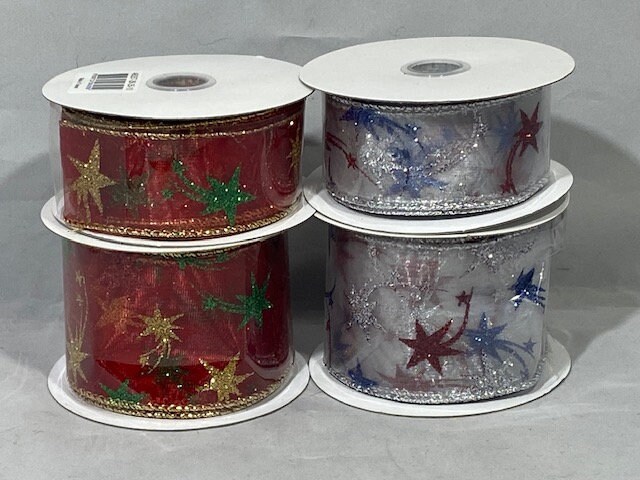 63mm 38mm Sheer Organza Wired Glitter Star Ribbon, 2 metres or Full 10 metre Roll chritmas stars 38 mm 63mm 3.8cm 6.3cm by Beautiful Ribbon