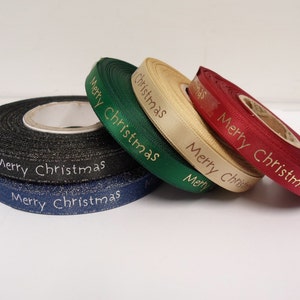 10mm Merry Christmas Satin Ribbon, 2 or 20 metres Xmas Red Green Gold 1cm Trim Tape by Beautiful Ribbon