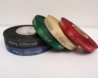 10mm Merry Christmas Satin Ribbon, 2 or 20 metres Xmas Red Green Gold 1cm Trim Tape by Beautiful Ribbon
