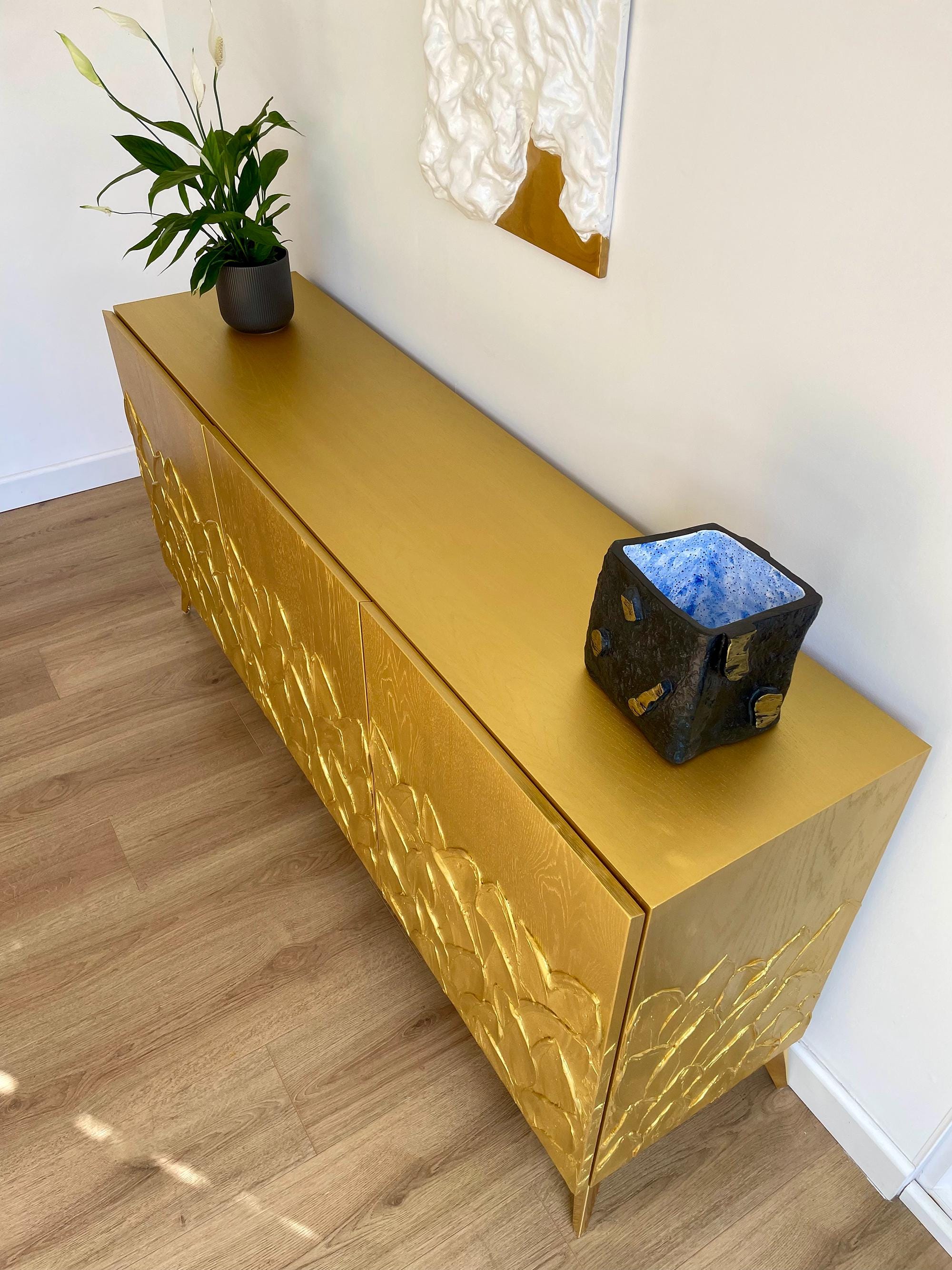 Statement Sideboard Art Deco Gold Credenza With 3D Leaf Texture - Sculptural Sideboard ...