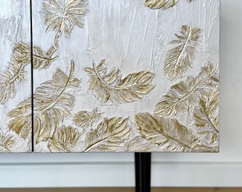 Gold Feather Sideboard – Pearlescent Textured Luxury Credenza, Art Deco Glamour Media Unit