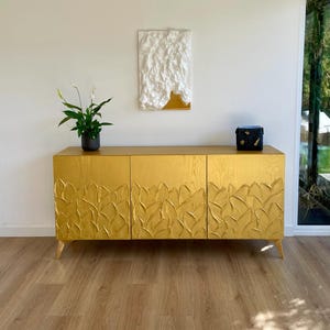 Art Deco Gold Credenza with 3D Leaf Texture - Sculptural Sideboard - Luxury Statement Furniture - Bespoke 4 Door Buffet - Oak Media Cabinet