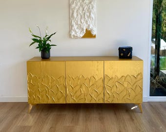 Art Deco Gold Credenza with 3D Leaf Texture - Sculptural Sideboard - Luxury Statement Furniture - Bespoke 4 Door Buffet - Oak Media Cabinet
