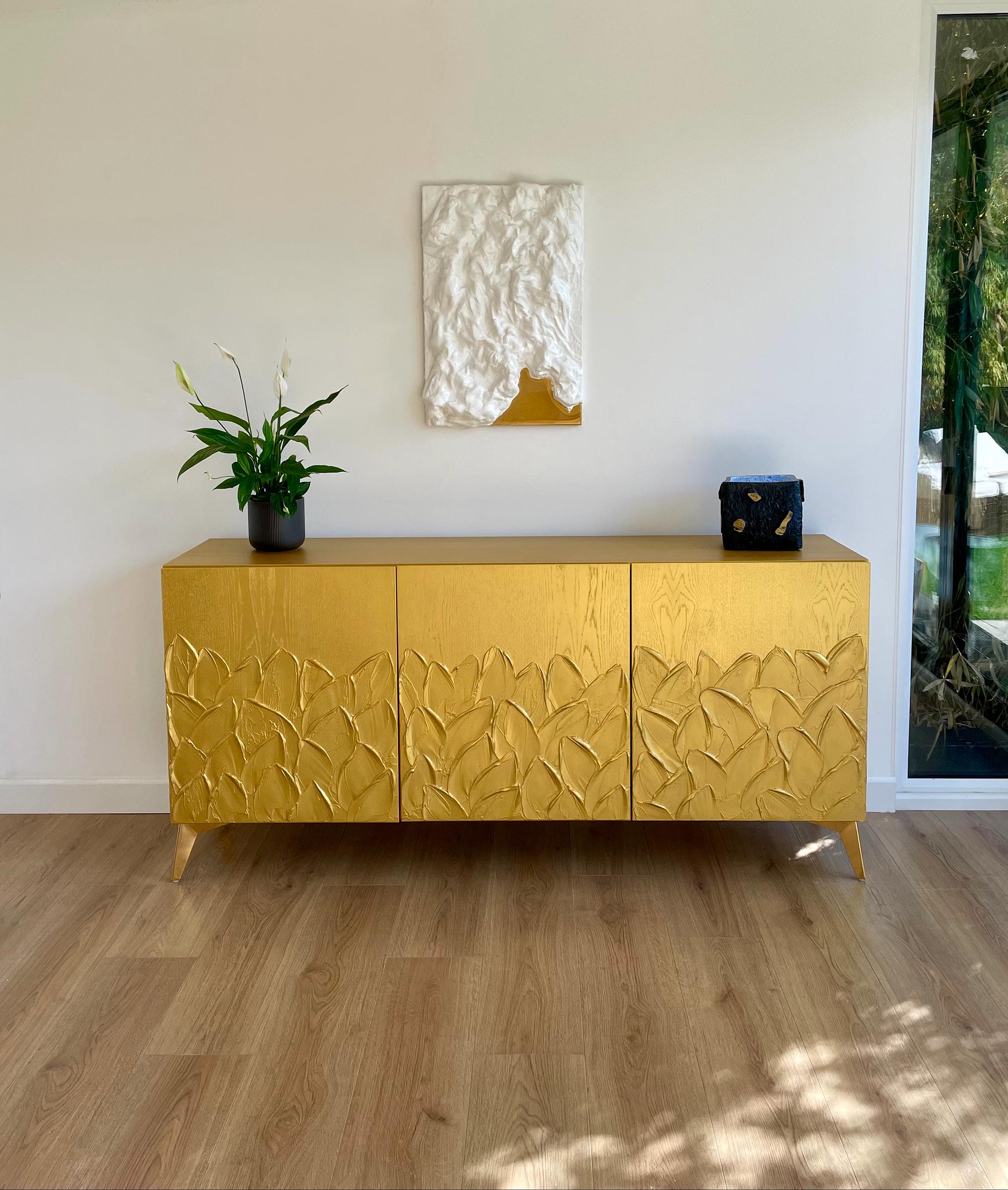 Art Deco Gold Credenza With 3D Leaf Texture - Sculptural Sideboard - Luxury Statement Furniture - Bespoke 4 Door Buffet - Oak Media Cabinet