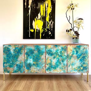 Mid century modern sideboards, Turquoise large textured sideboard made to measure