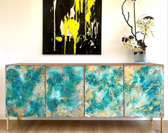 Mid century modern sideboards, Turquoise large textured sideboard made to measure