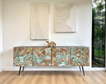 Hand-made, midcentury style sideboard with textured doors