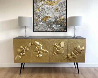 Bespoke gold credenza. Contemporary style sideboard with gold 3D cut stone design