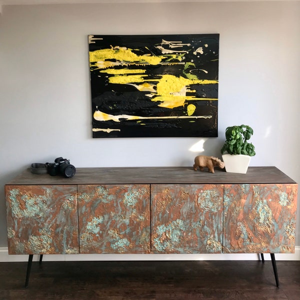 Midcentury style sideboard copper patina with angled legs and patina top