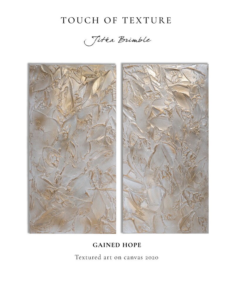 Textured diptych artwork with metallic gold and neutral tones on canvas, titled “Gained Hope,” created by Jitka Brimble in 2020.