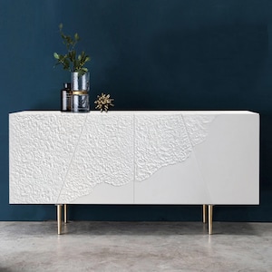 White sideboard textured. Large credenza. Bespoke furniture
