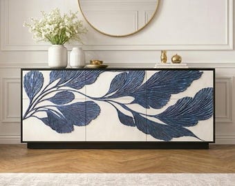 Sideboard with Metallic Galactic Blue Leaf  - Modern Black Credenza, Luxury 3-Door Buffet, Art Deco Inspired Statement