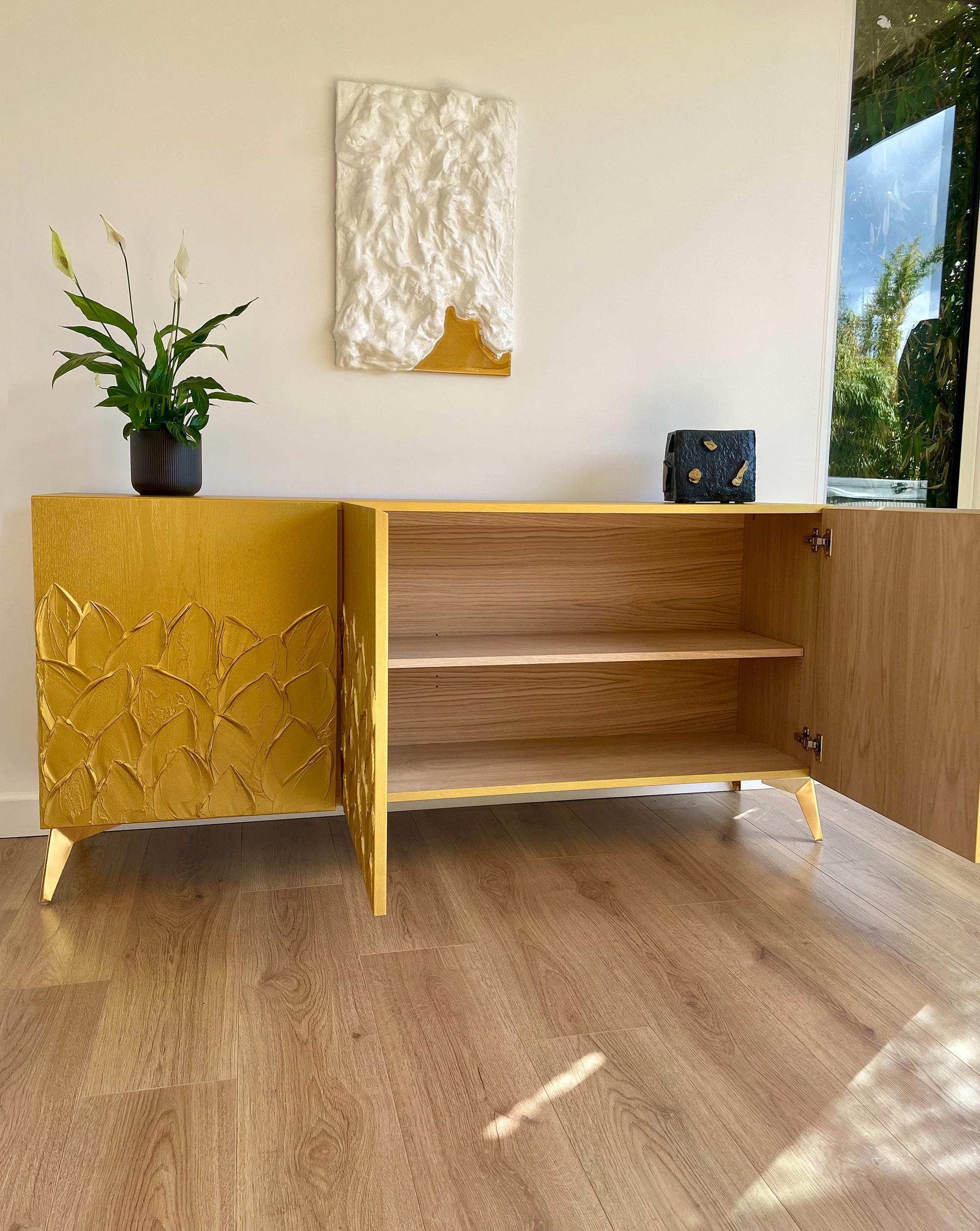 Statement Sideboard Art Deco Gold Credenza With 3D Leaf Texture - Sculptural Sideboard ...