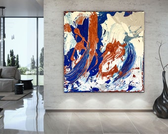 Blue and Copper Textured Wall Art: 3D Modern Abstract Painting