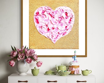 Textured Pink Love Heart Painting: 3D Gold Wall Art