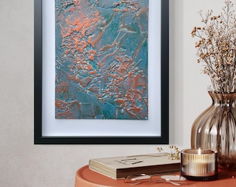 Textured Abstract Wall Art: Blue and Copper, Black Frame