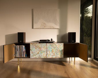 Midcentury Modern Sideboard, Textured Copper Patina Doors, Vinyl Storage