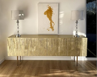 Art Deco Gold Credenza with 4 Doors, Large Record Player Stand and Sculptural Luxury Sideboard